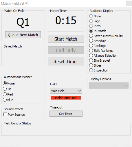 Tournament Manager Match control display is shown, and the Field settings has a red error message that reads Field Conn Lost.