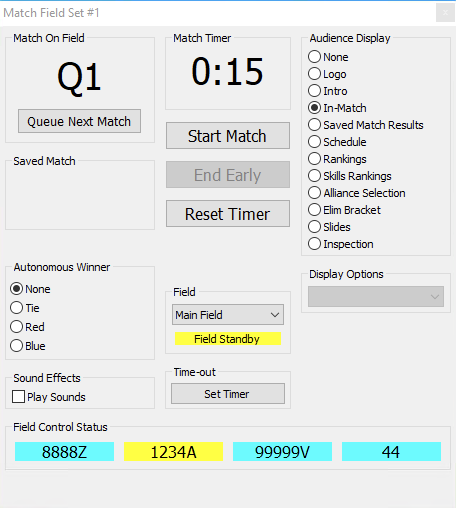 Tournament Manager Match control display is shown, and the Field settings has a yellow warning message that reads Field Standby.