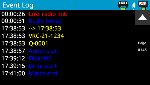 FC Brain screen is shown in the Event Log menu with a list of event messages and their time stamps. In this example, the messages read Lost radio link, Radio linked, 17:38:53, VRC-21-1234, Q-0001, Auton start, Disabled, Drive start, Match end.