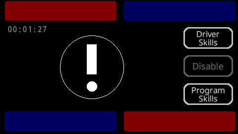 FC Brain Skills App screen is shown in the Home menu without any connected team controllers. A large exclamation mark is shown in the center of the screen.