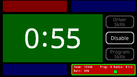 FC Brain Skills App screen in shown in the Home menu after the TM has been connected and the field is active. The background of the home screen is green which indicates that the robot is enabled. There is a large timer in the center of the screen, and in this example it reads 0:55.