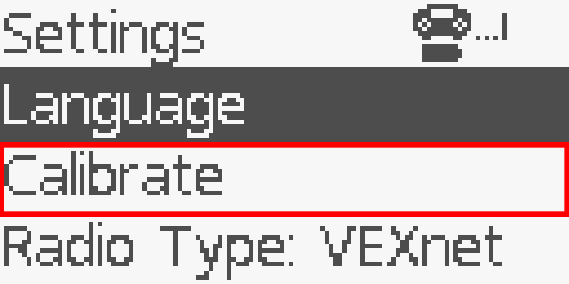Controller screen is shown in the Settings menu with the Calibrate option highlighted. Calibrate is the second option in the menu, listed below Language.
