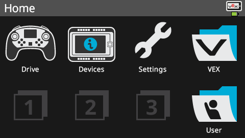 Brain screen is shown in the Home menu without a Controller icon in the top right corner. This indicates that the Controller is not paired to the Brain.