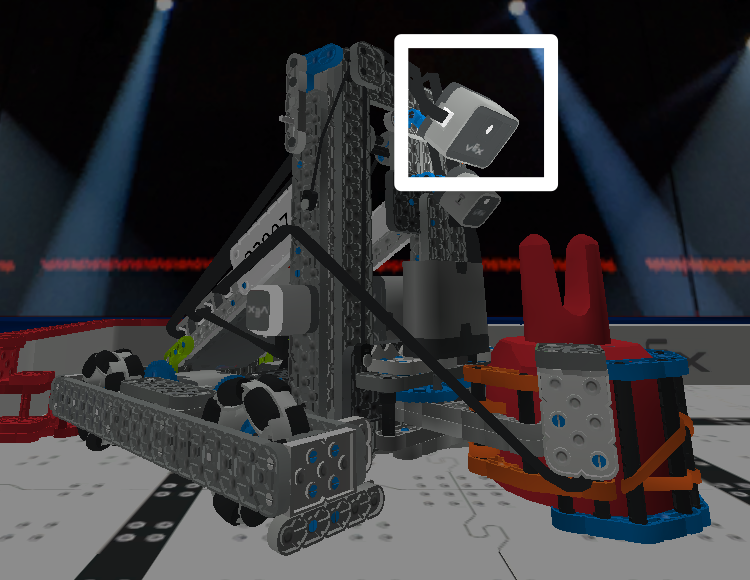 Side view of Huey with the IQ AI Vision Sensor on the top of the lift pointed down towards the claw.