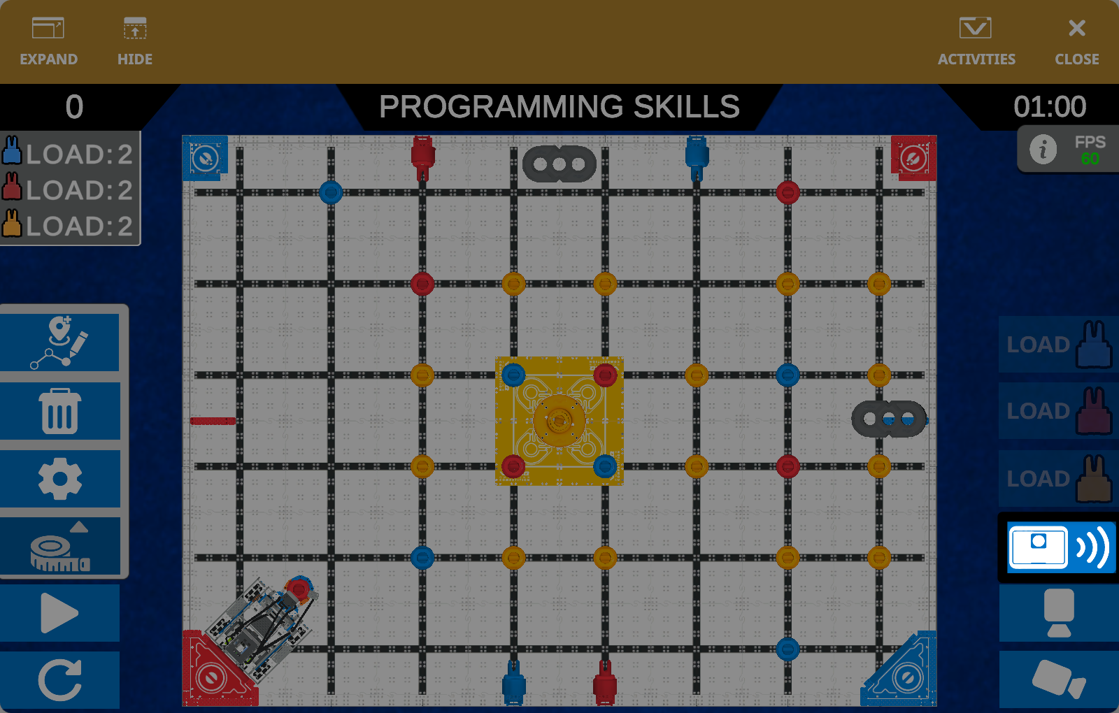 V5RC Push Back playground in VEXcode VR with the AI Vision Sensor snapshot button on the bottom right corner of the screen called out..