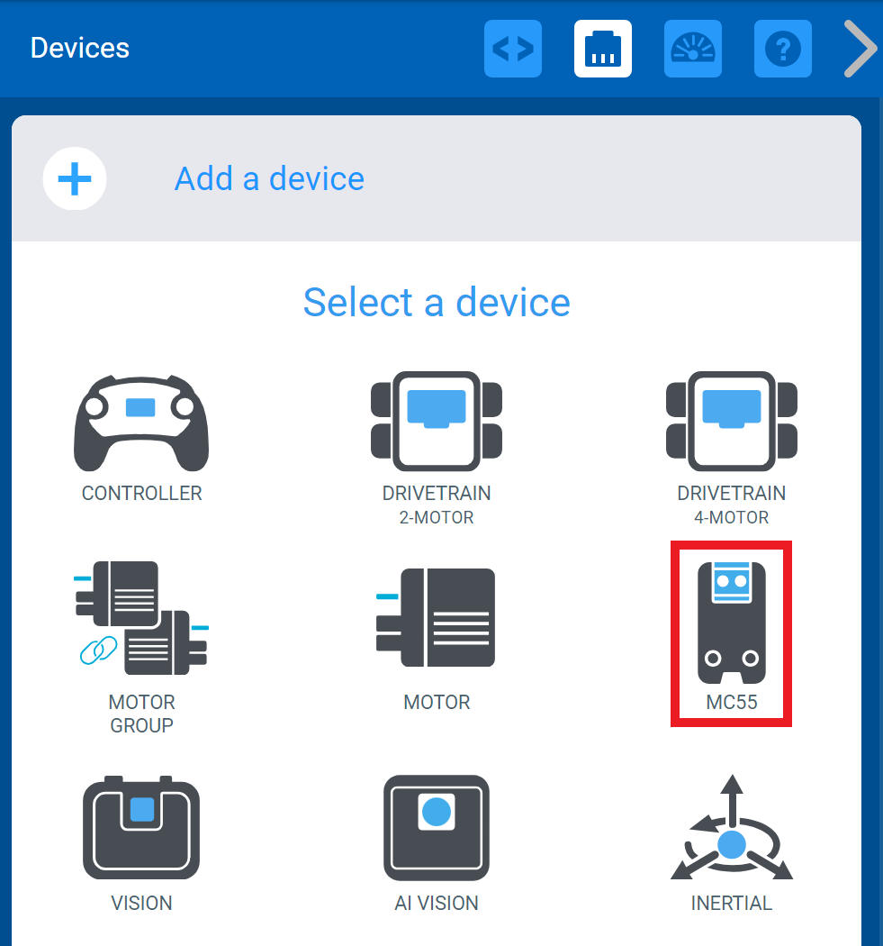 VEXcode V5 Devices menu after the Add a device button has been selected. The MC55 option is highlighted.