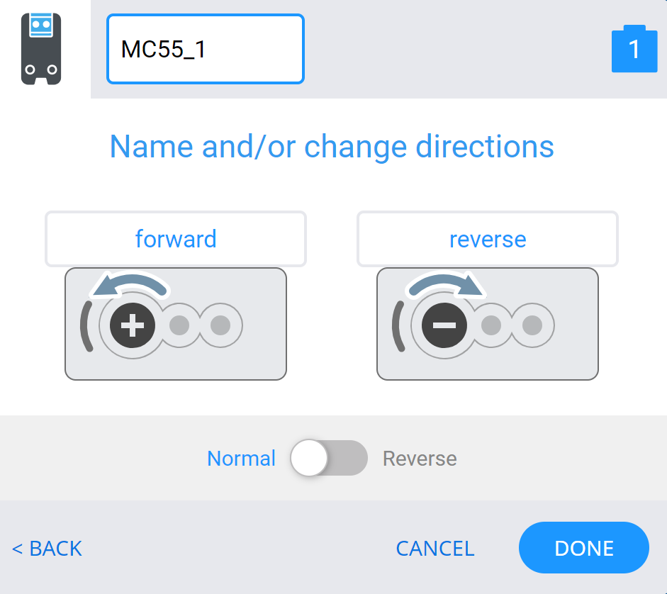 VEXcode V5 Devices menu after selecting the Smart Port and with the Motor Controller 55 options shown.  The options can be used to name each direction of rotation, and reverse the direction of rotation.