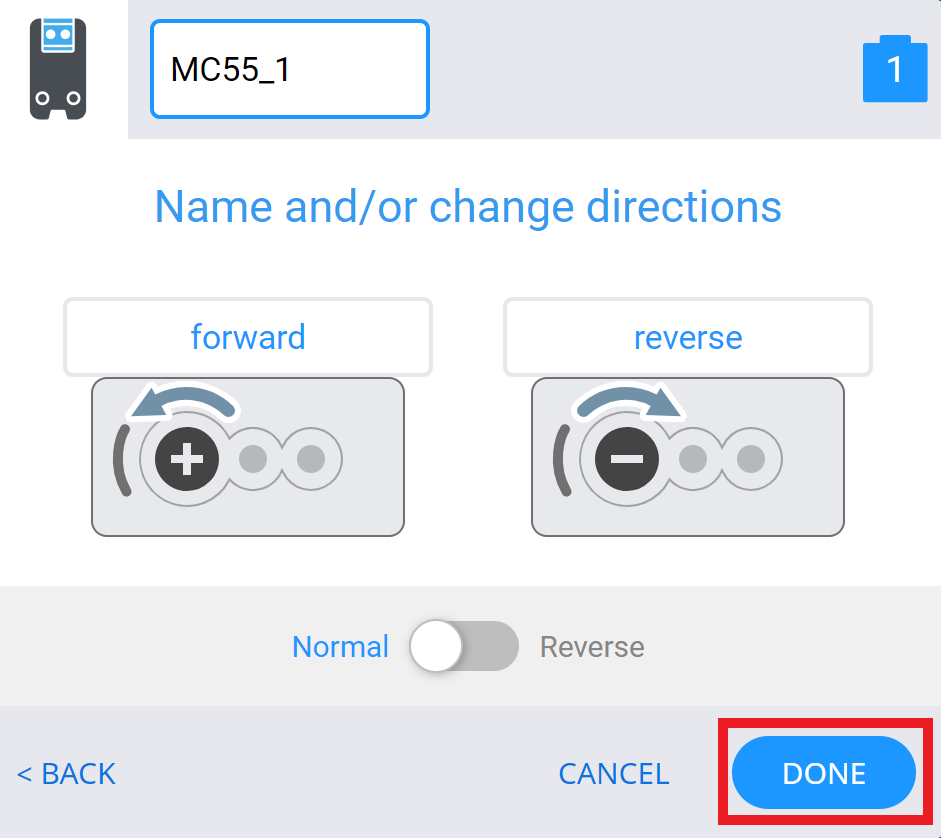 VEXcode V5 Devices menu after selecting the Smart Port and with the Motor Controller 55 options shown. Below, the Done button is highlighted.