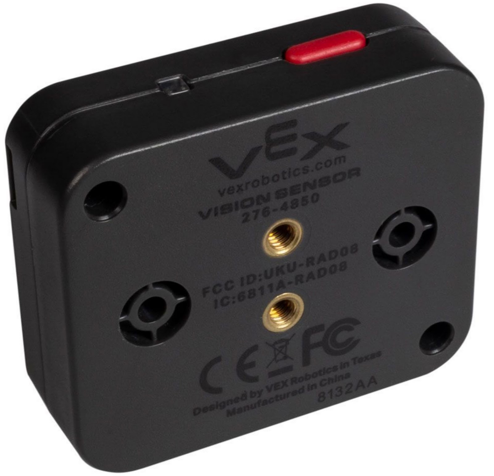 Back of the AI Vision Sensor is shown with its two threaded inserts for #8-32 VEX screws highlighted.