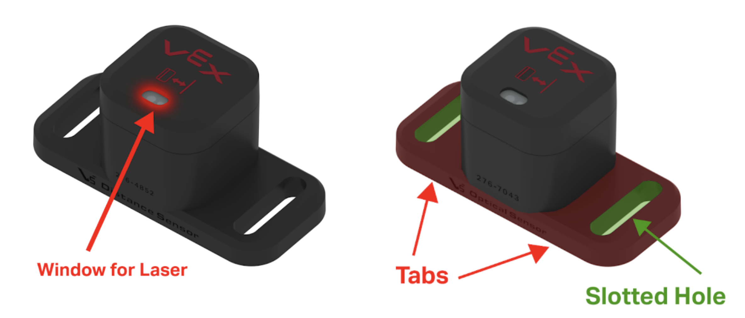 V5 Distance Sensor is shown with its features highlighted and labeled. The Window for its Laser is highlighted along with the Tabs on its sides and the Slotted Holes on the Tabs.