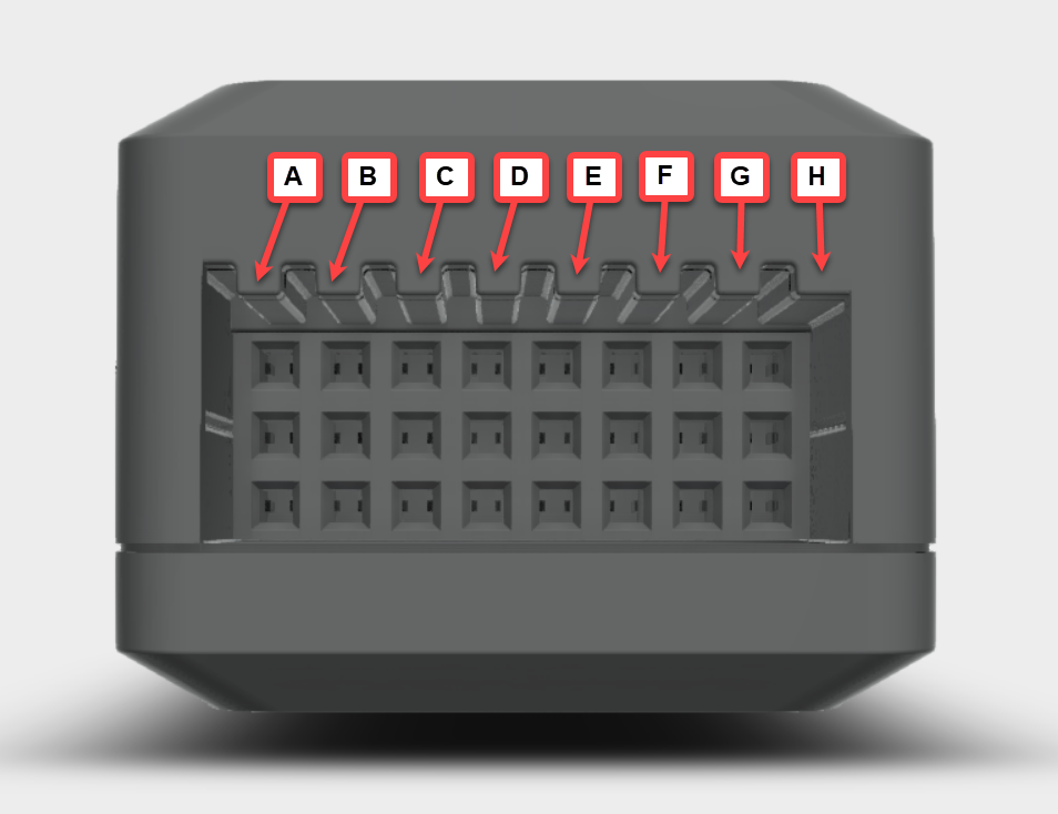 V5 3-Wire Expander viewed from the side to show its eight 3-Wire ports. The ports are labeled alphabetically from A to H.