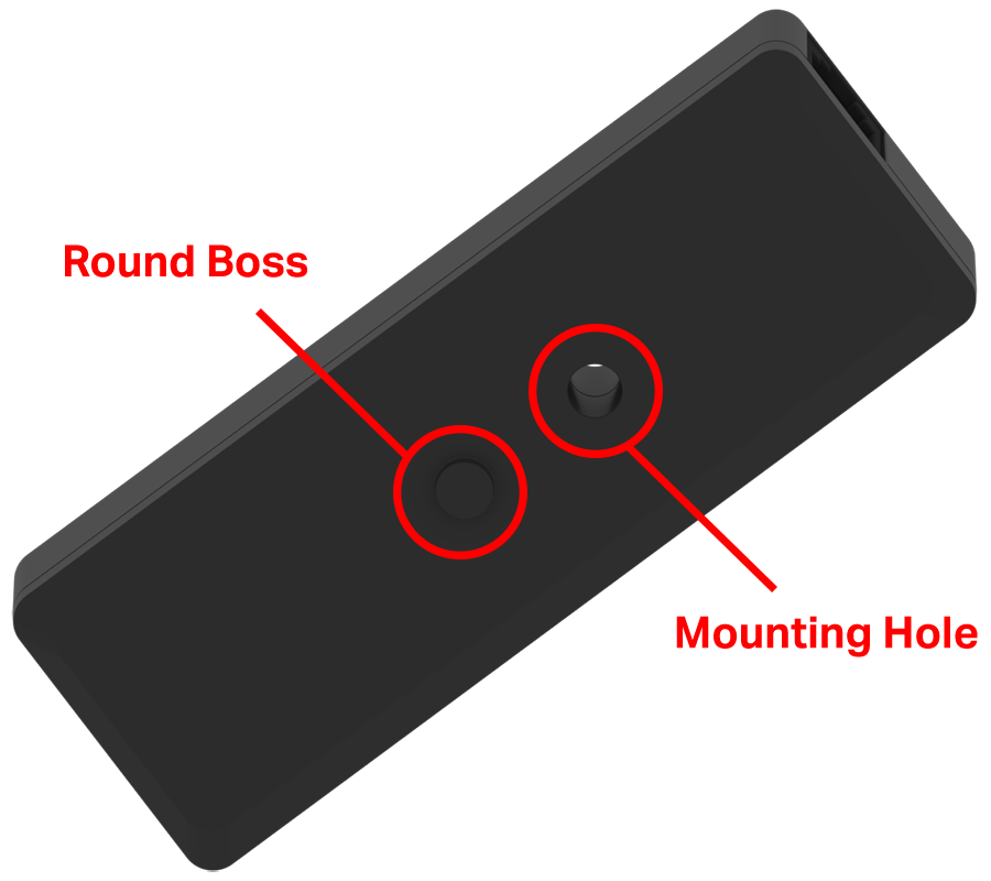 Bottom of the V5 Inertial Sensor with its one threaded insert for a #8-32 VEX screw and its round boss both labeled and highlighted.