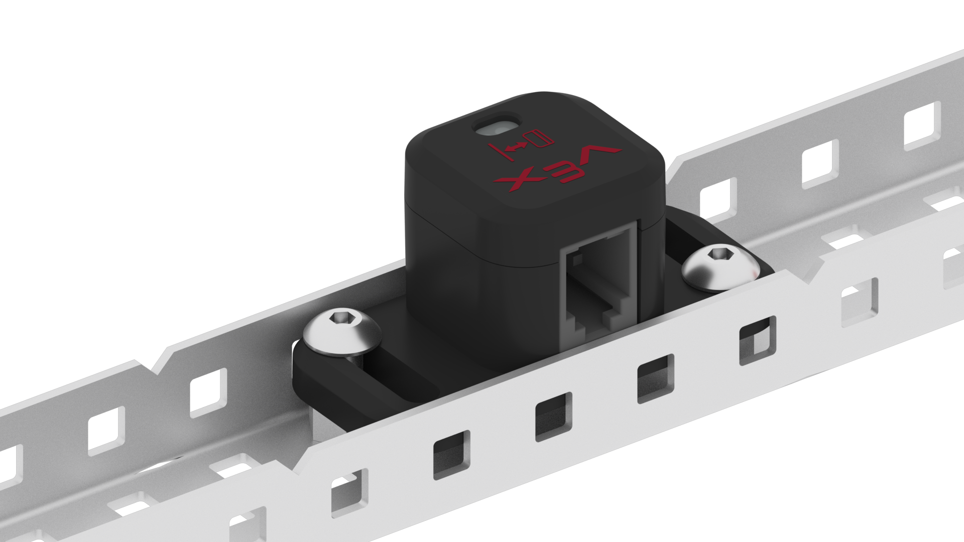 V5 Distance Sensor is nested and mounted into a V5 C Channel piece using two screws and two 1/4 inch Standoff pieces.