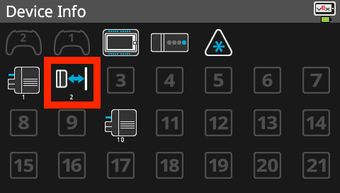 Brain screen is shown in the Device Info menu which has a list of all of the Brain's Smart Ports and connected devices. The Distance Sensor icon in the Device Info menu is highlighted to indicate that items can be selected to open their information menus.