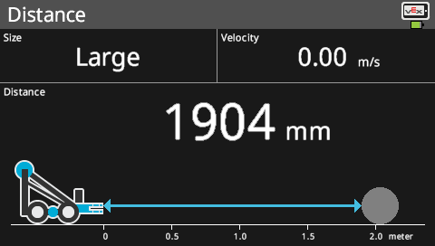 Brain screen is shown in the Distance Sensor menu that lists the sensor's data. The menu reports data of an object's size, velocity, and distance. The menu also has a diagram that visualizes the distance and how it changes over time. In this screenshot, the object's size is large, its velocity is 0 meters per second, and its distance is 1904 mm.