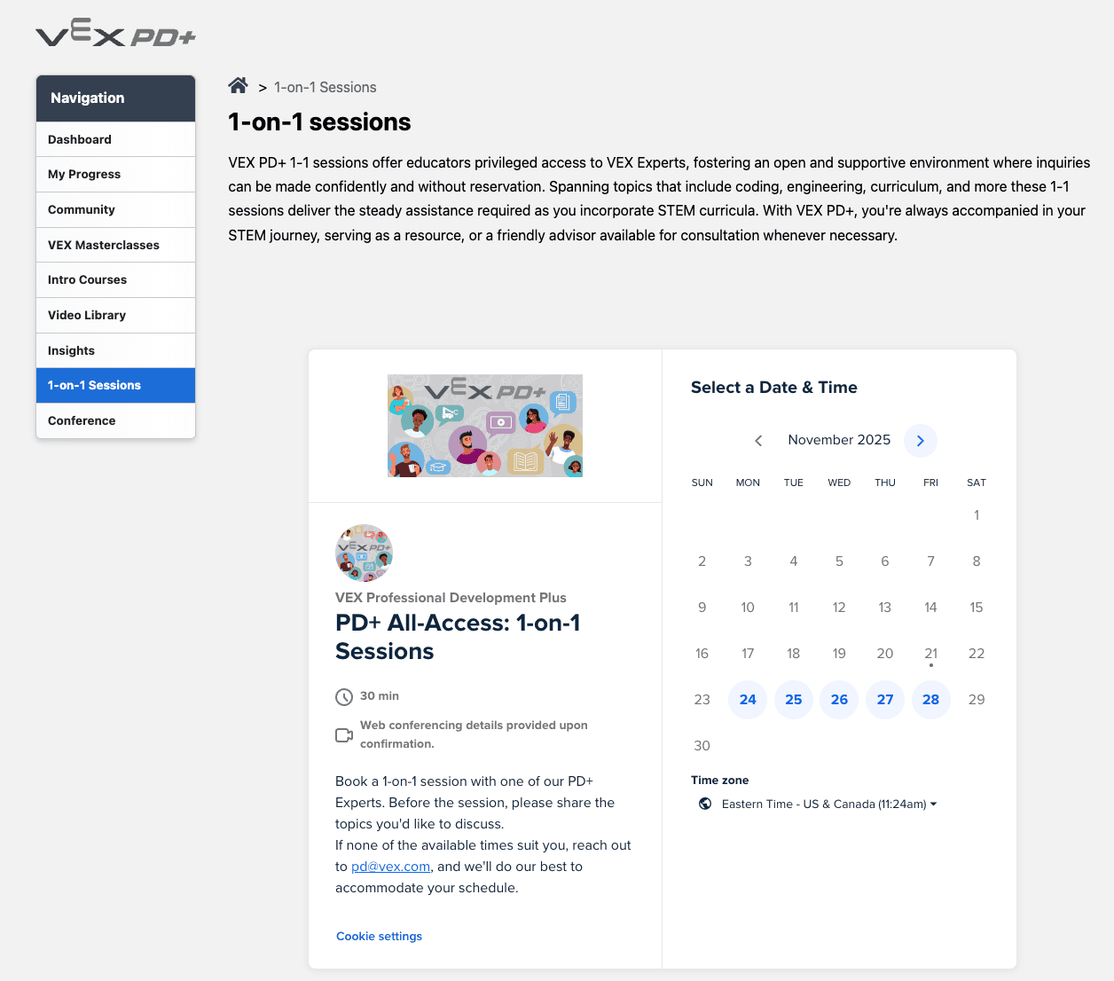 PD+ 1-on-1 Session window showing a calendar for selecting and available date for a session.