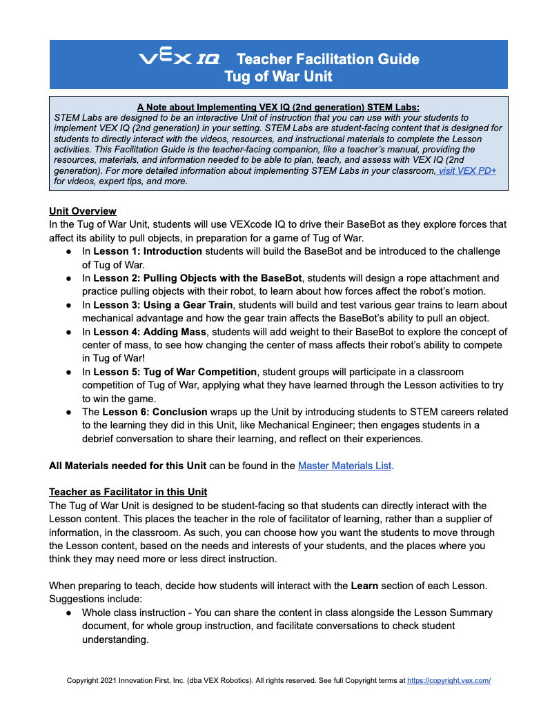 The Teacher Facilitation Guide for the Tug of War Unit