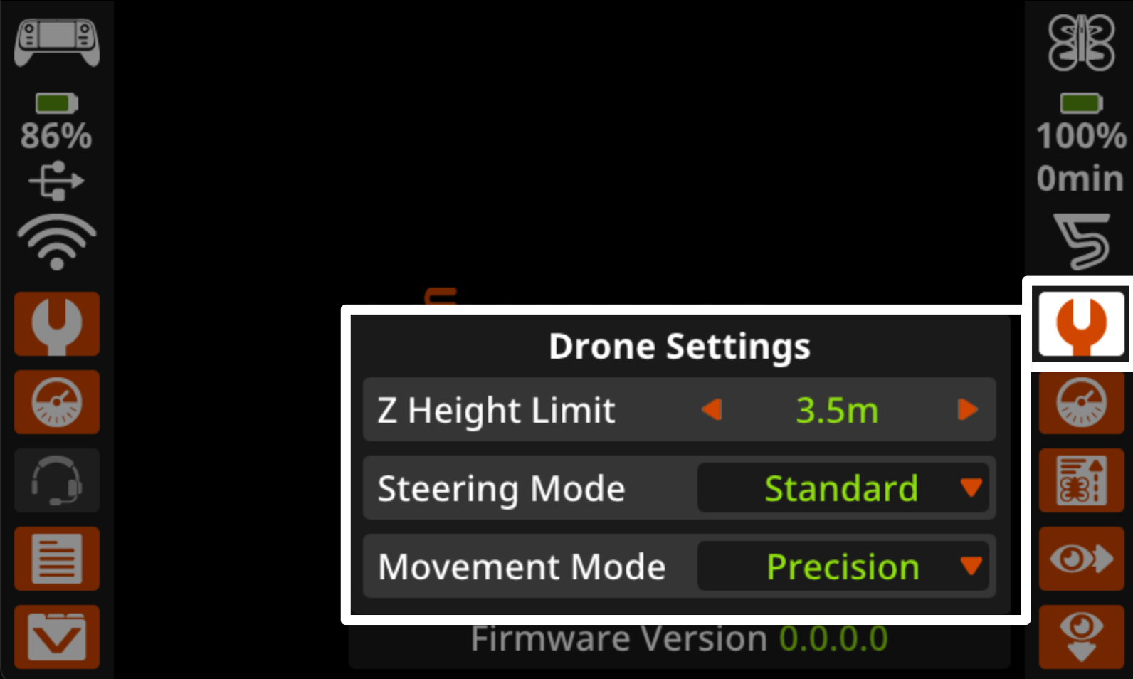 Close up of the controller screen with the drone settings icon and menu open. The menu shows the settings listed in the text with default values.