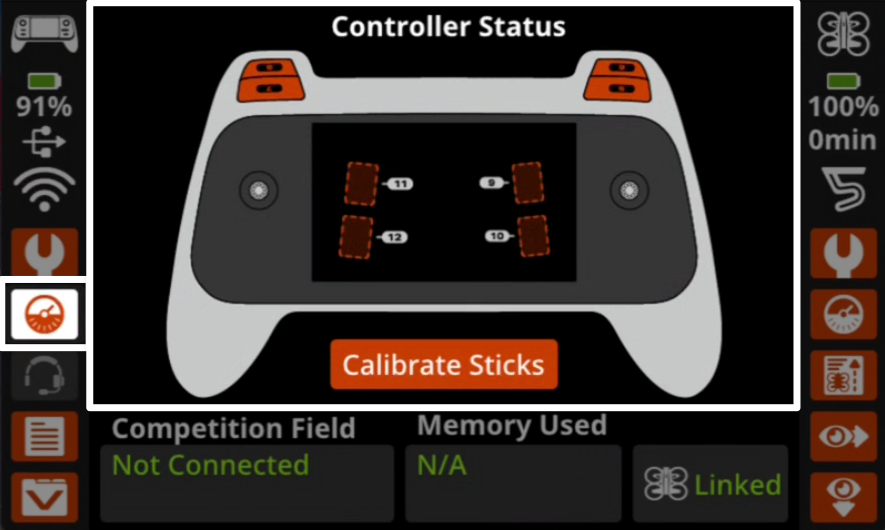 Controller status screen on the controller open with a highlight around the controller shown on screen. Another highlight is on the status icon on the left side of the screen.