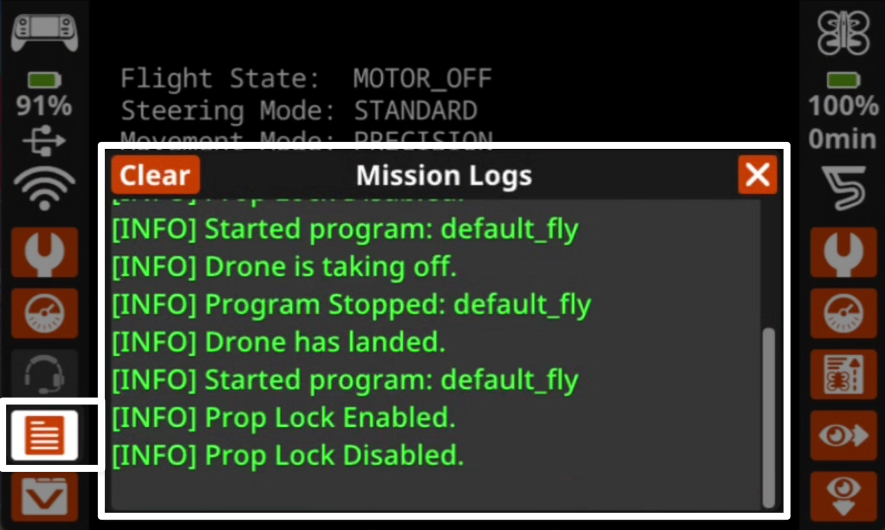 Controller screen with the mission log icon highlighted on the left side of the screen.