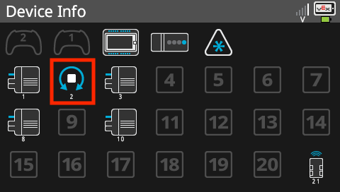 Brain screen is shown in the Device Info menu which has a list of all of the Brain's Smart Ports and connected devices. The Rotation Sensor icon in the Device Info menu is highlighted to indicate that items can be selected to open their information menus.