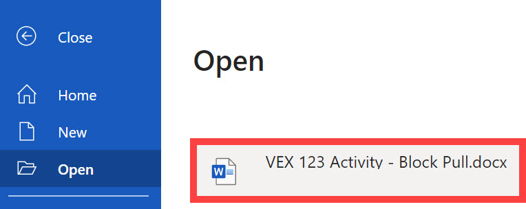 Skärmdump av alternativet Öppna i Microsoft Word med en nedladdad 123 Activity .docx-fil markerad.