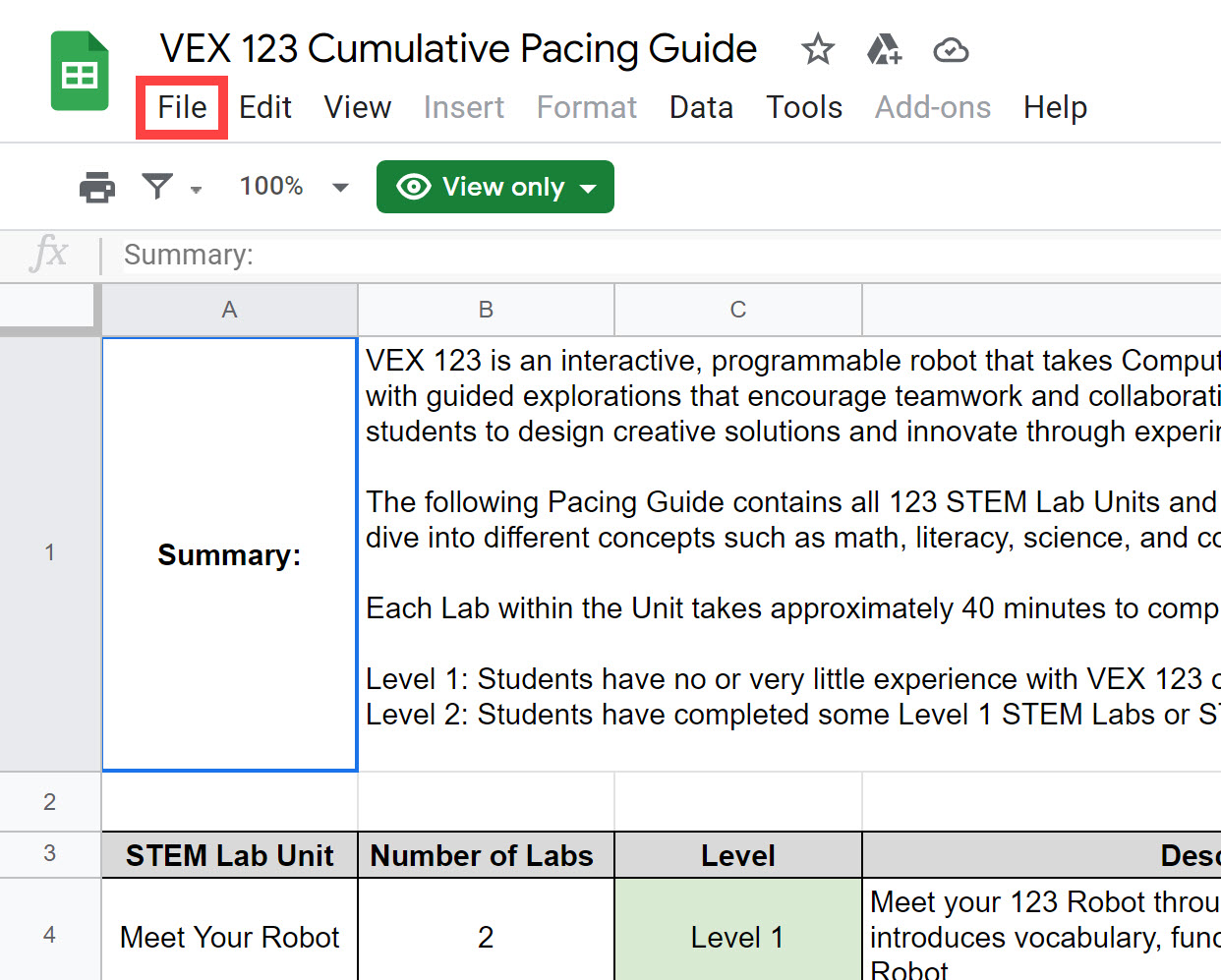 Skärmdump av VEX 123 Cumulative Pacing Guide öppnad i Google Sheets med knappen Arkiv markerad i verktygsfältet, vilket visar att andra resurser också kan laddas ner och anpassas.