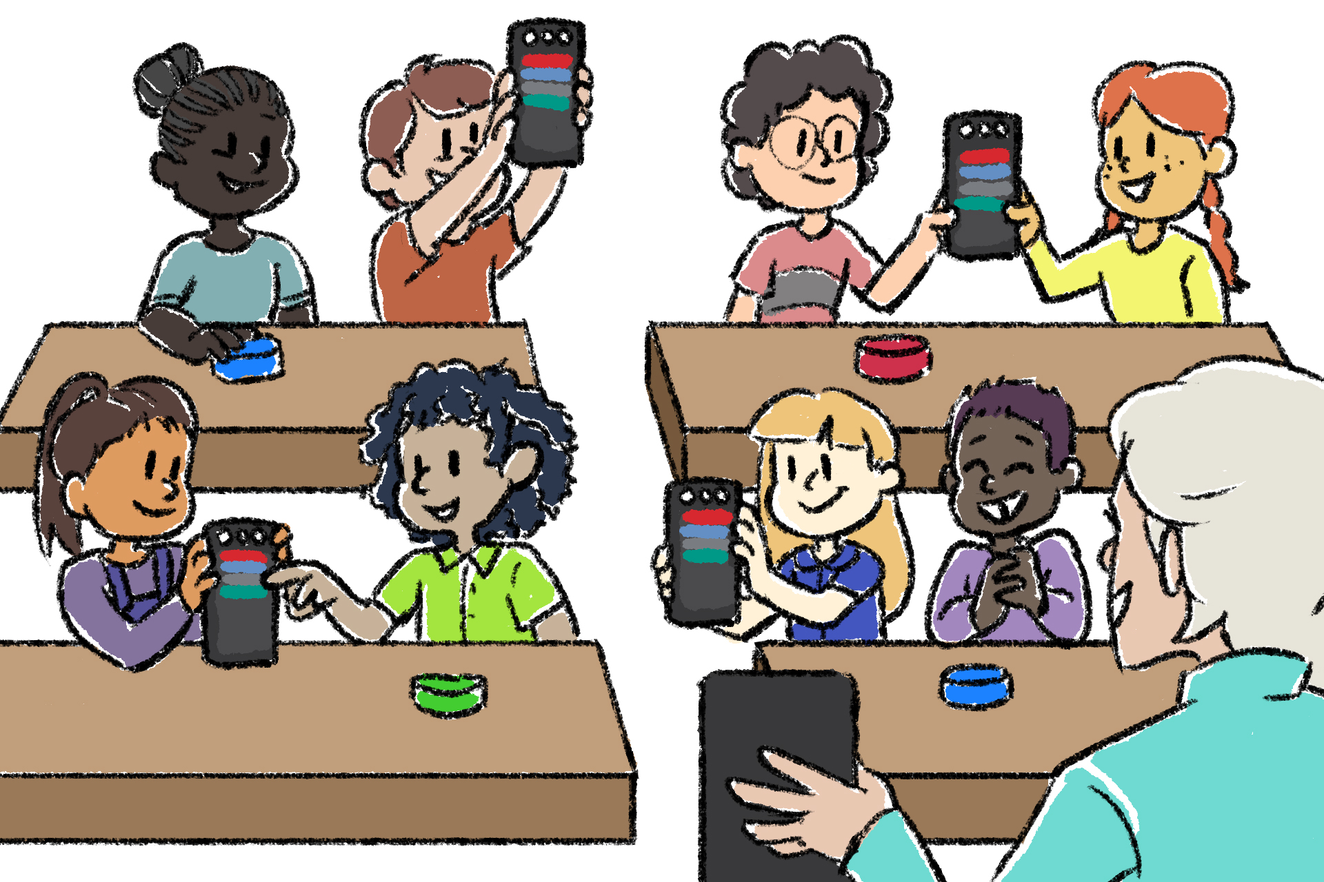 Illustration av elever och en lärare i ett klassrum. Varje elevpar har en 123-robot vid sitt skrivbord och en kodare som de håller upp för att dela sina projekt.