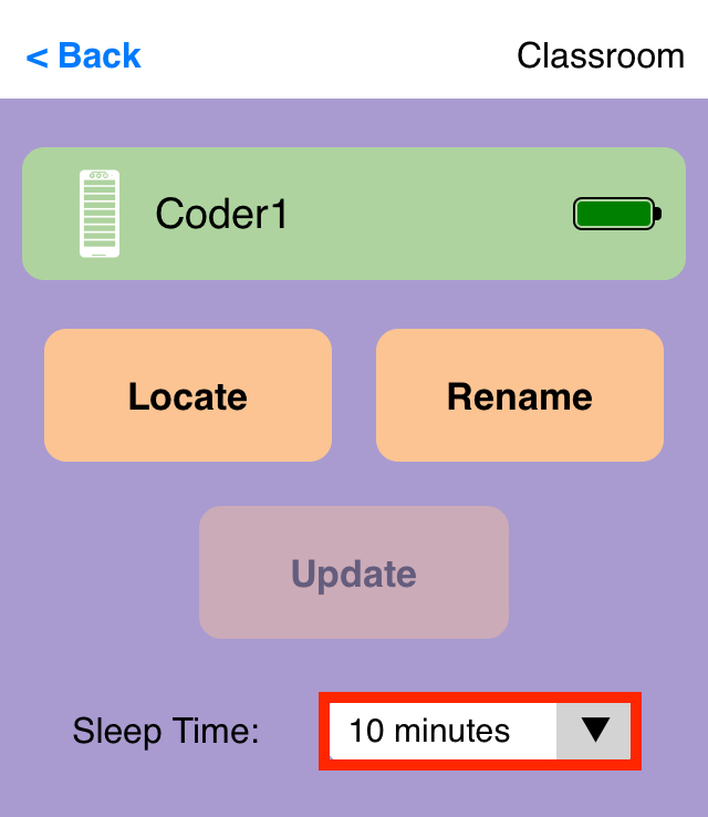 Skärmdump av VEX Classroom-appen med en programmeringsmeny öppen och rullgardinsmenyn Vilotid markerad längst ner till höger.