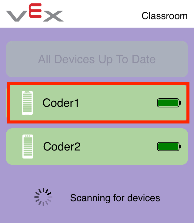 Skärmdump av VEX Classroom-appen med två anslutna kodare i en lista. En kodare är markerad, vilket indikerar att den kan byta namn genom att välja den.