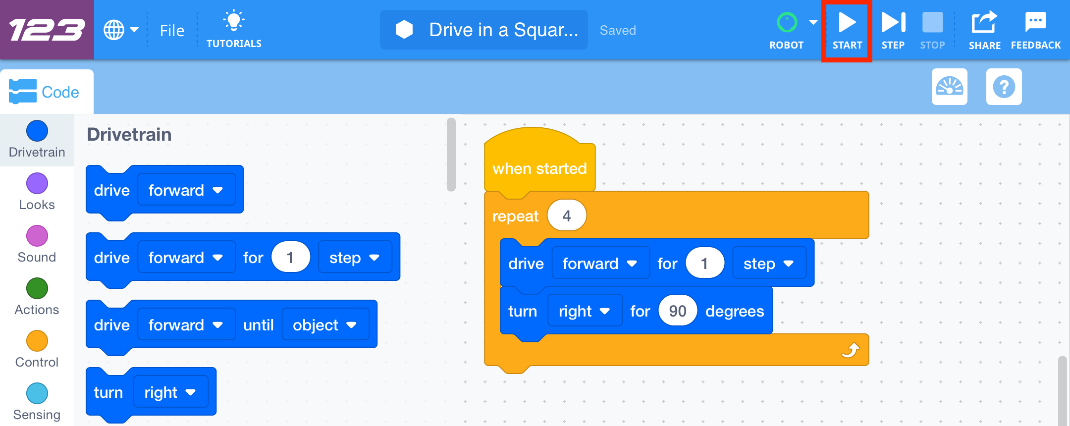 VEXcode 123-verktygsfältet med startikonen markerad mellan robot- och stegikonerna.