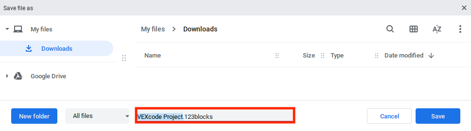 Chromebookens Spara fil-meny är öppen och inställd på att spara i mappen Nedladdningar. Projektnamnet är markerat och är fortfarande standardnamnet för VEXcode Project.123blocks.