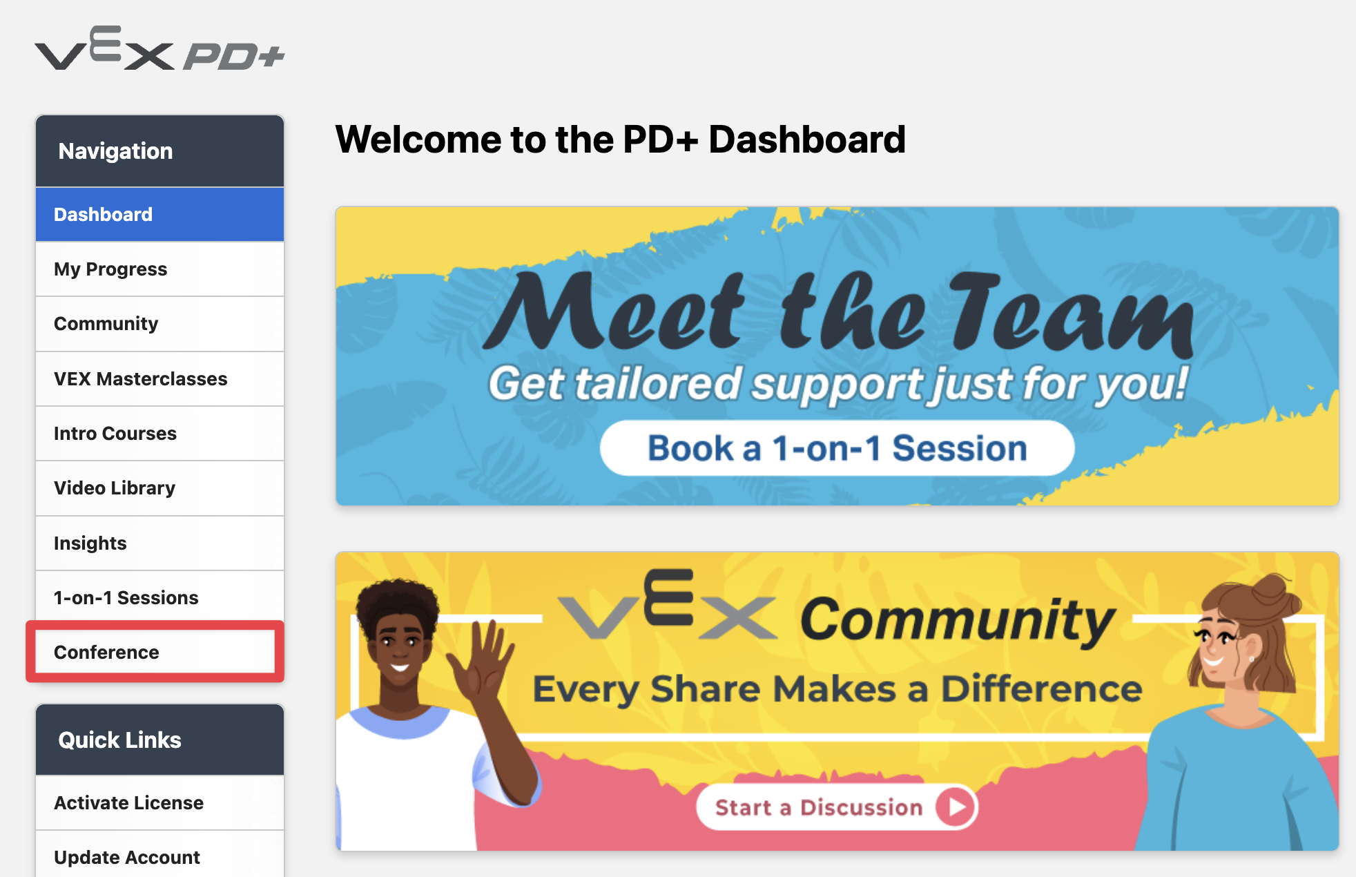 Painel de controlo VEX PD+ com a Conferência de Educadores destacada a vermelho.