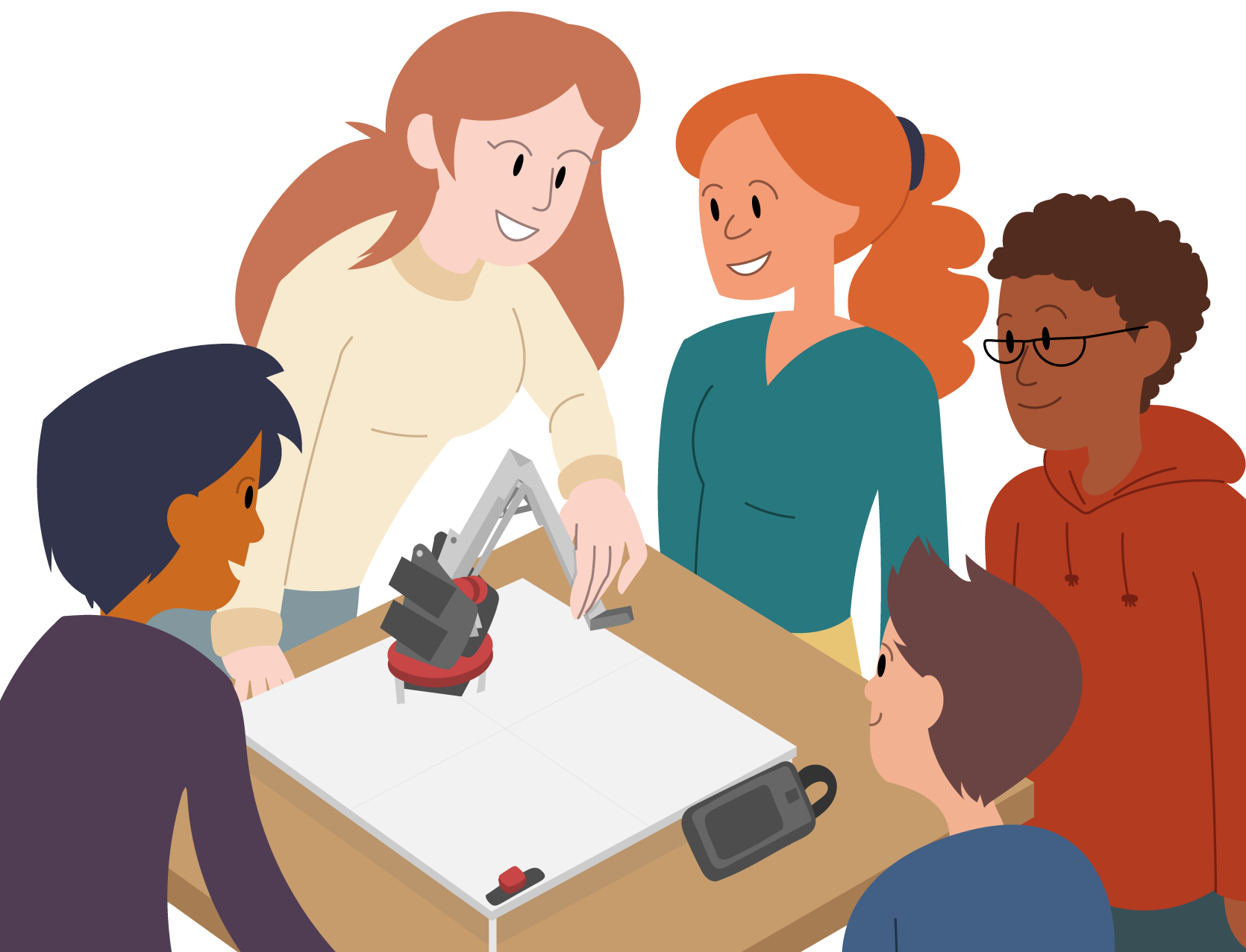 Diagram över en VEX V5 Workcell som visar den rörliga armmekanismen, och illustrerar dess komponenter och funktionalitet i ett pedagogiskt robotkontext.