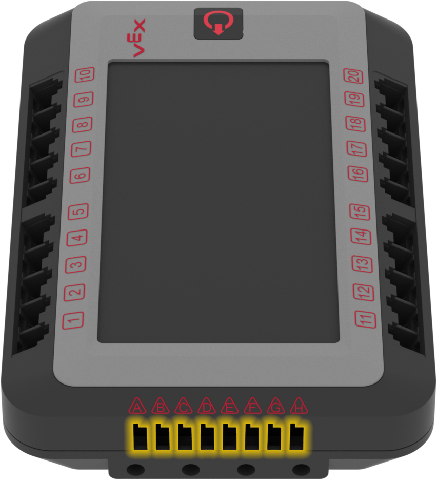 V5 Brain is shown with its eight 3-wire ports highlighted. These ports are labeled alphabetically from A to H.