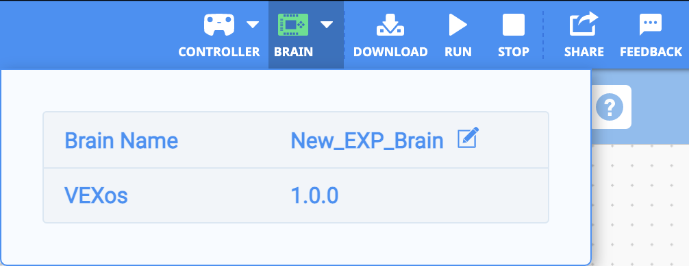 VEXcode EXP med en ansluten hjärna och rullgardinsmenyn Hjärna öppnad. I menyn har hjärnans namn uppdaterats till New_EXP_Brain.