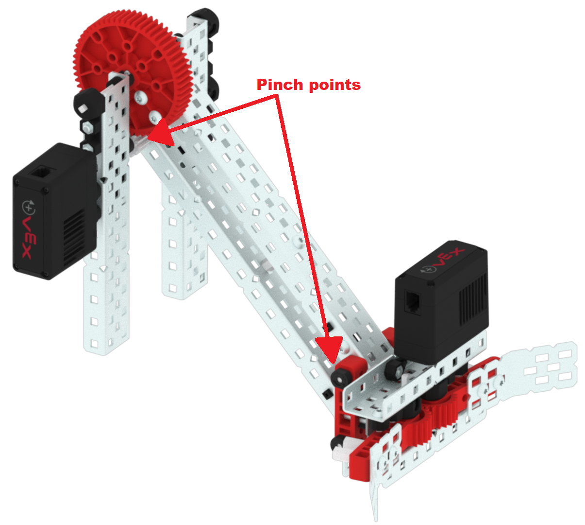 Diagram över en EXP-bygge med en kugghjulsdel nära två kanaldelar. Hörnen där kugghjulet och kanalbitarna möts är markerade och märkta som nyppunkter.