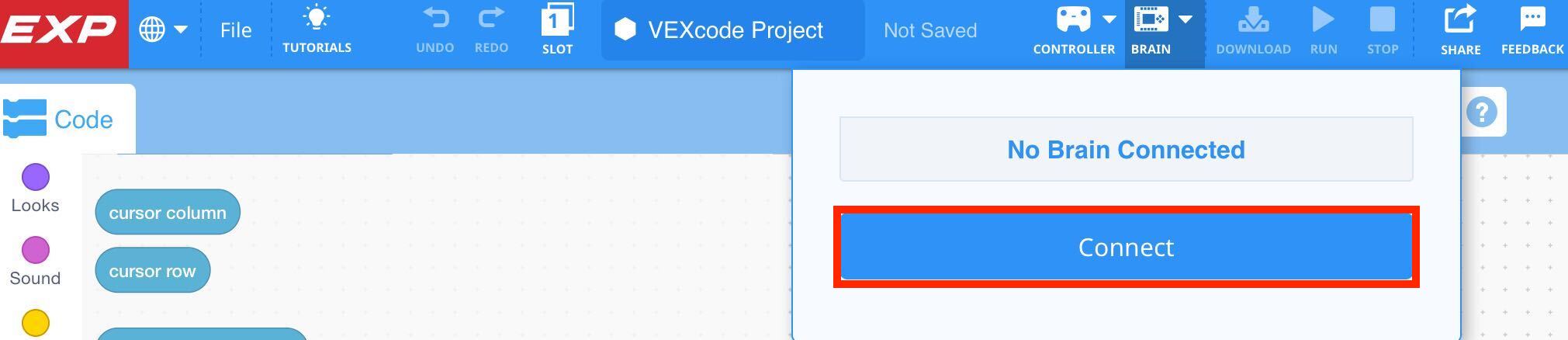 VEXcode EXP med rullgardinsmenyn Hjärna öppen och knappen Anslut markerad.