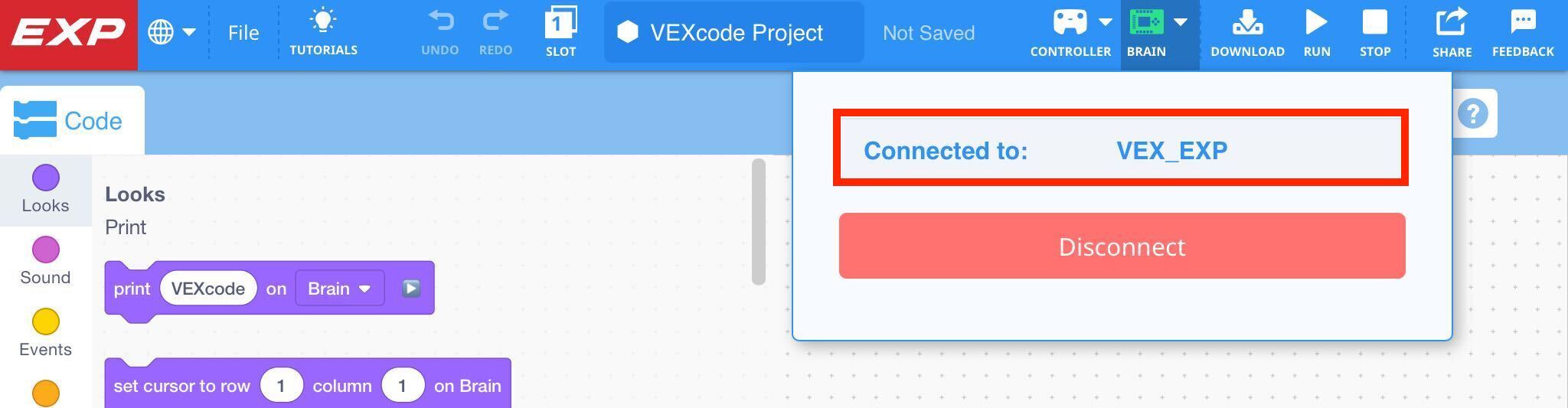 VEXcode EXP med rullgardinsmenyn Hjärna öppen efter att en Hjärna har anslutits. Hjärnans namn i menyn är markerat och hjärnikonen i verktygsfältet är grön.