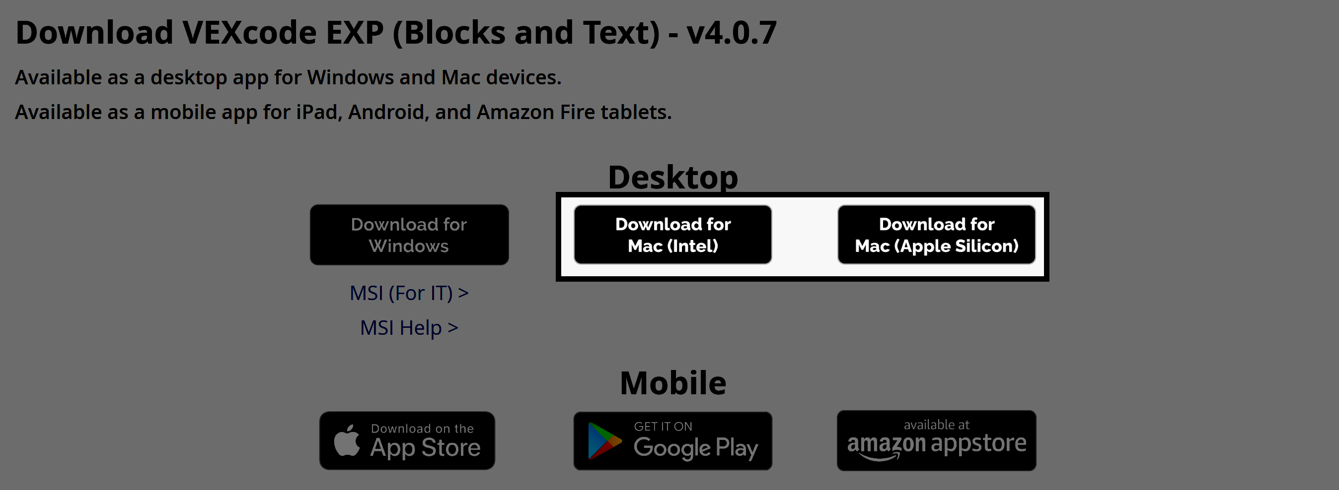 Windows, Mac Intel, Mac Apple Silicon 플랫폼을 포함한 데스크톱용 VEXcode EXP 다운로드 옵션입니다. Mac용 다운로드 옵션 두 개가 강조 표시되어 있습니다.