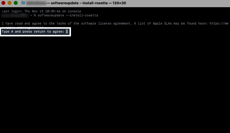 A Terminal window prompting the user to type “A” and press return to agree to the software license.