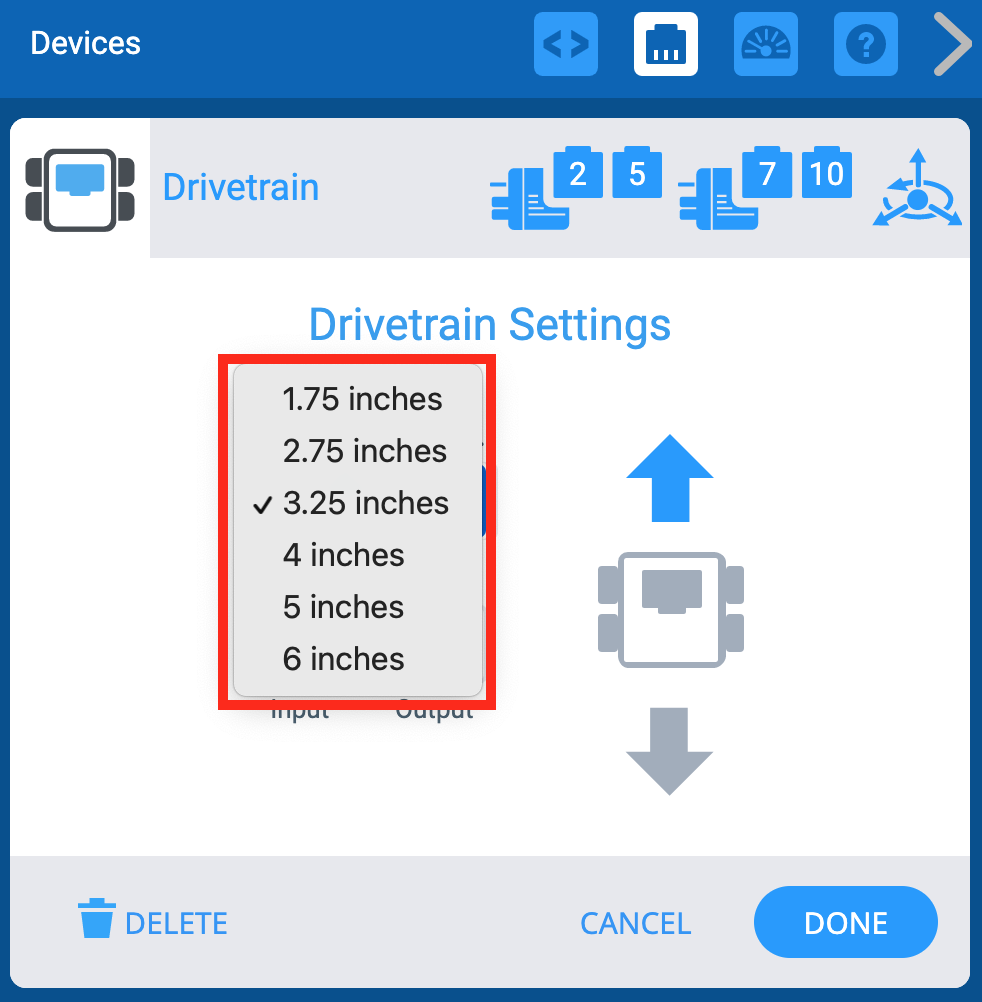 Fönstret VEXcode EXP-enheter med menyn Drivlinainställningar visad. Rullgardinsmenyn Hjulstorlek är markerad.