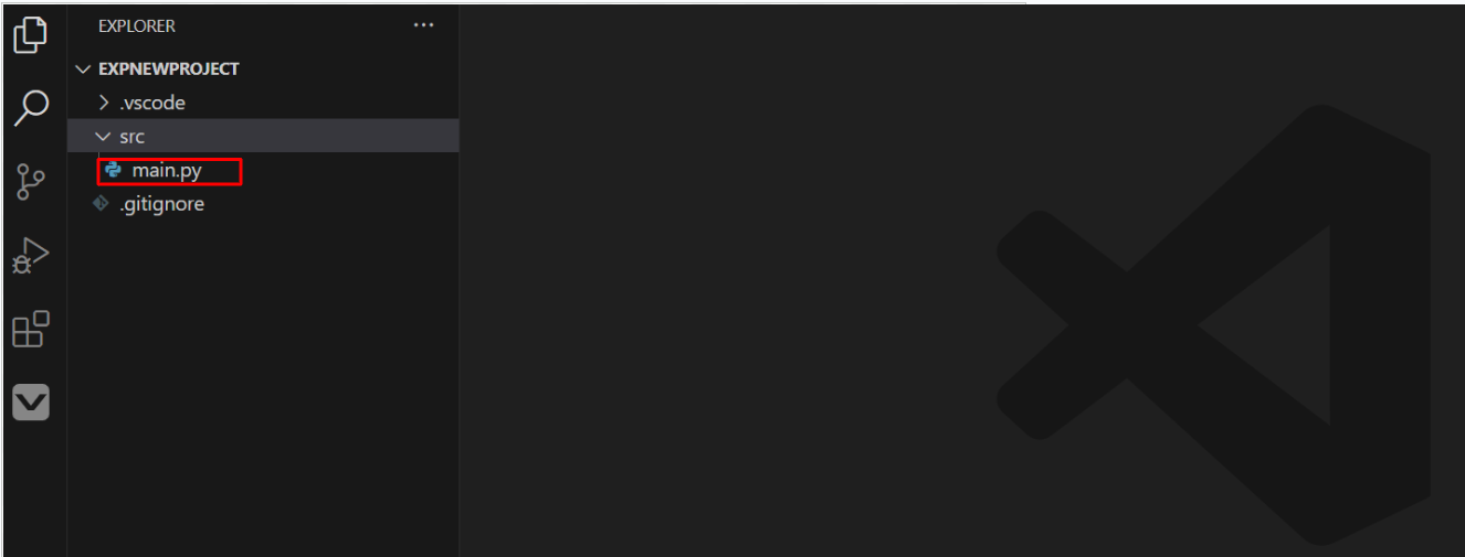 Utforskaralternativet i aktivitetsfältet har valts och visar VEX-projektets filer och mappar. Mappen med titeln src har öppnats, och inuti är en python-fil med namnet main.py markerad.