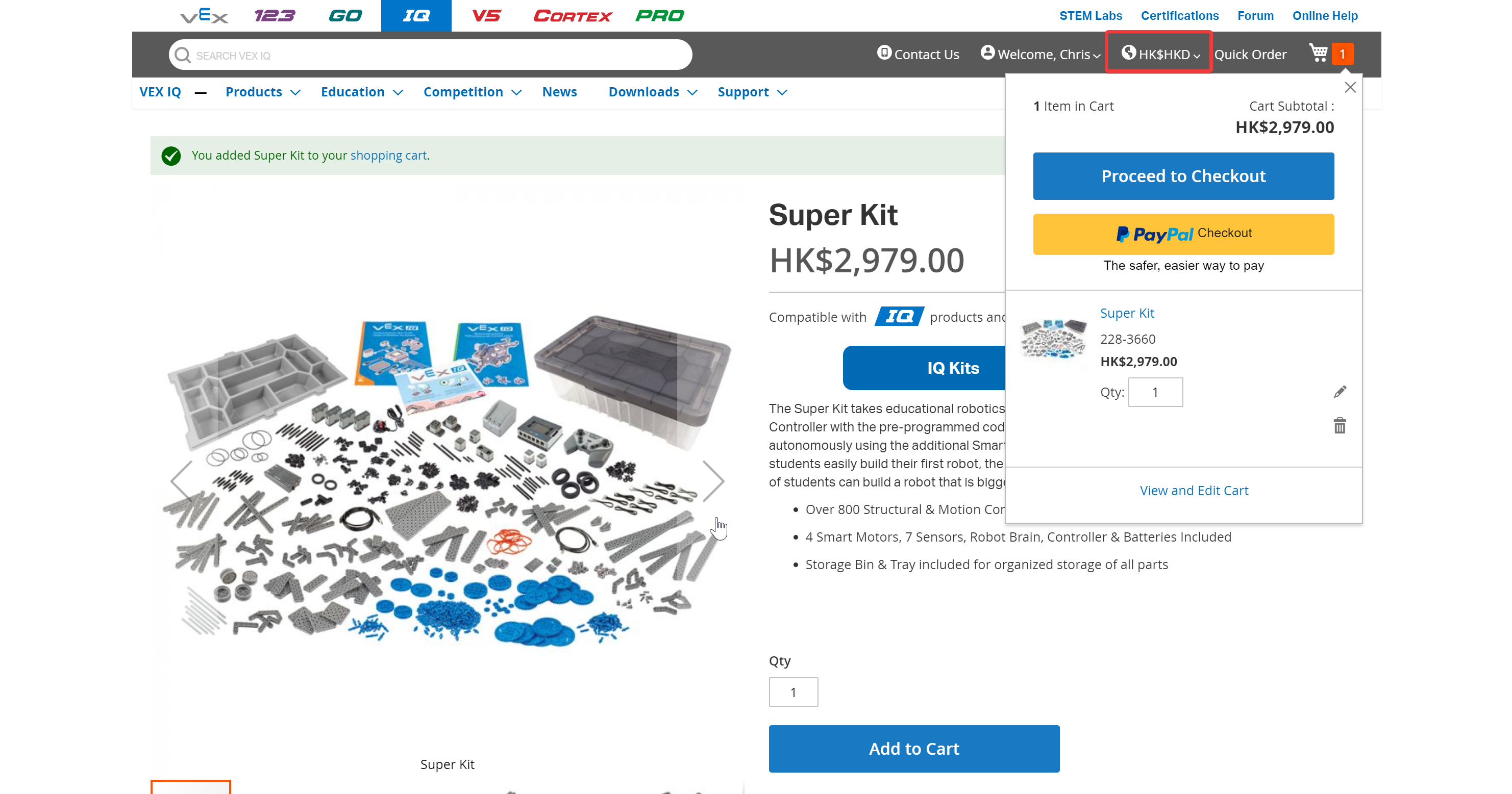 Skärmdump som visar det valda valutaalternativet 'Asia Pacific - HKD' i ett online-shoppinggränssnitt, vilket indikerar rätt valutaval för internationella beställningar.
