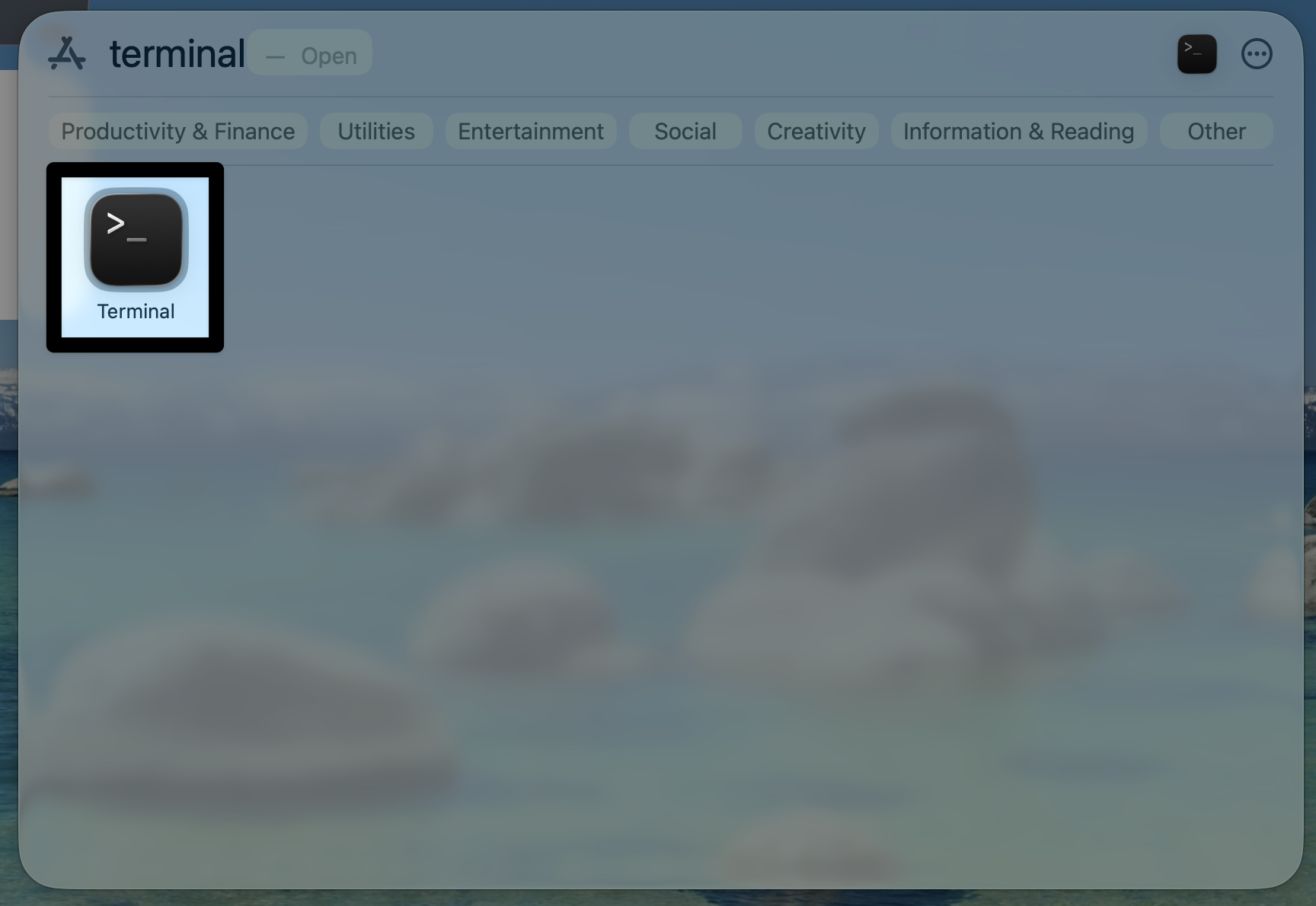 The macOS search interface showing the Terminal app highlighted after searching for “terminal.”