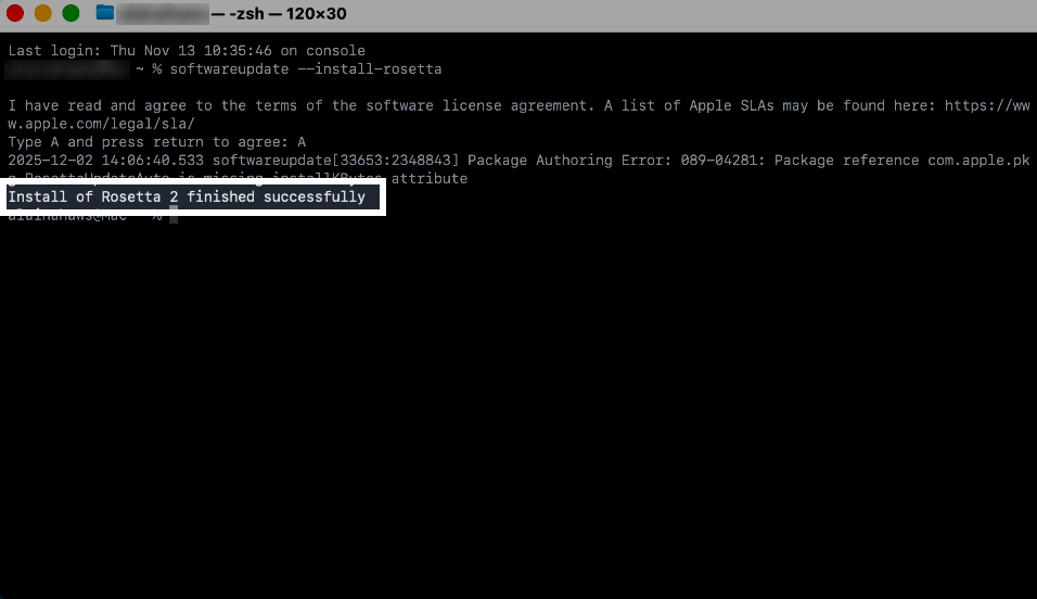 A Terminal window showing the message “Install of Rosetta 2 finished successfully.”