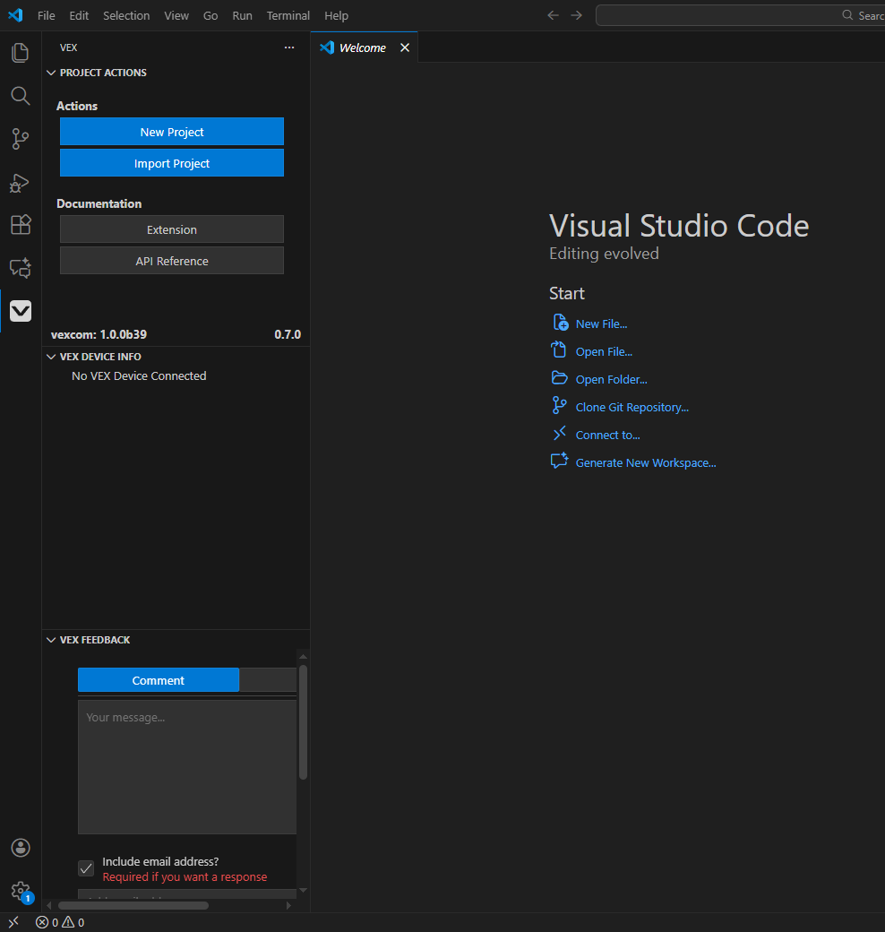 Visual Studio Code with the VEX extension open, showing options to create or import a project and a workspace with no VEX device connected.