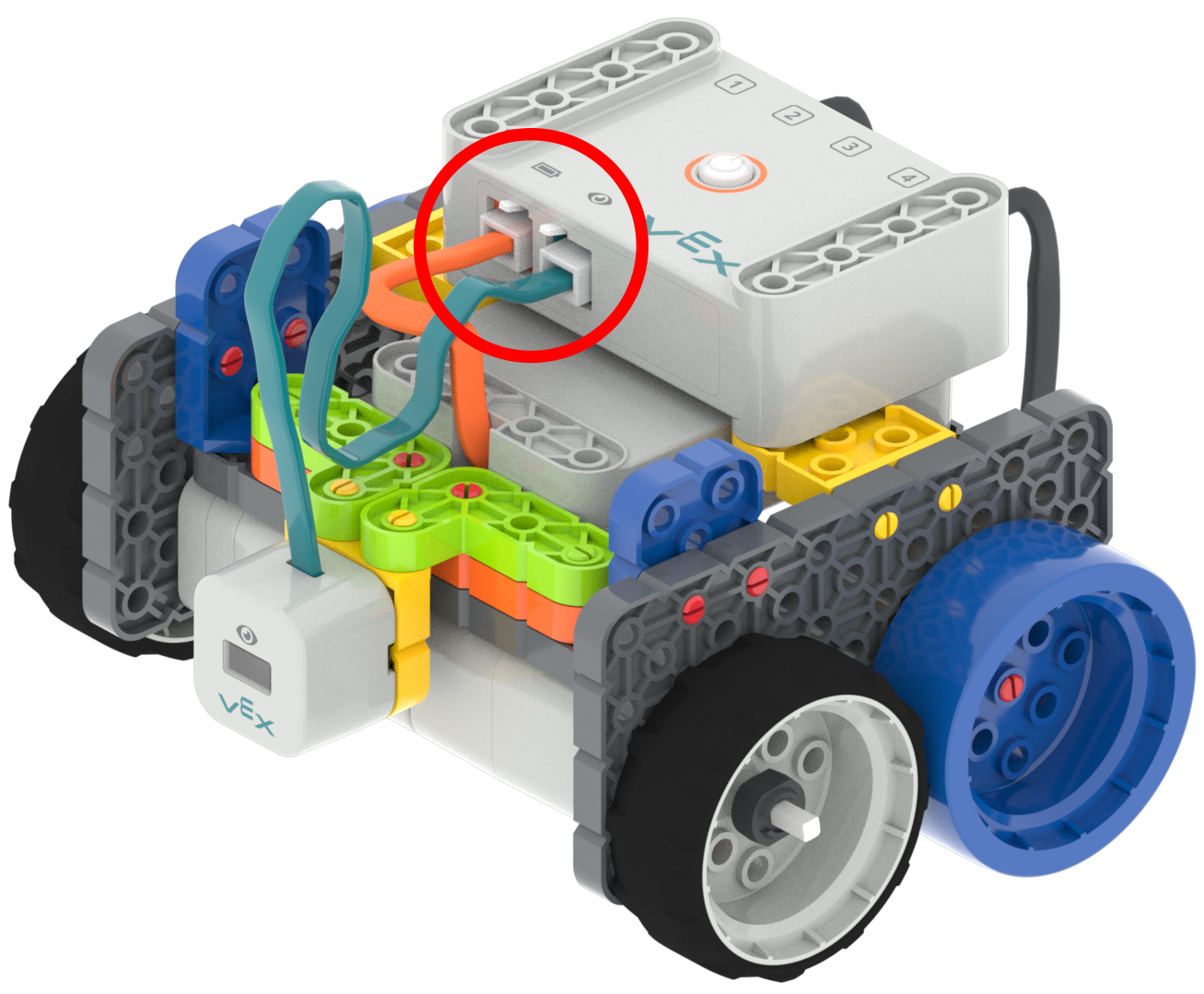 Diagram över en Code Base-robot med en ögonsensorkabel och en batterikabel anslutna till sina respektive portar på hjärnan. De använda portarna är markerade med röda cirklar.