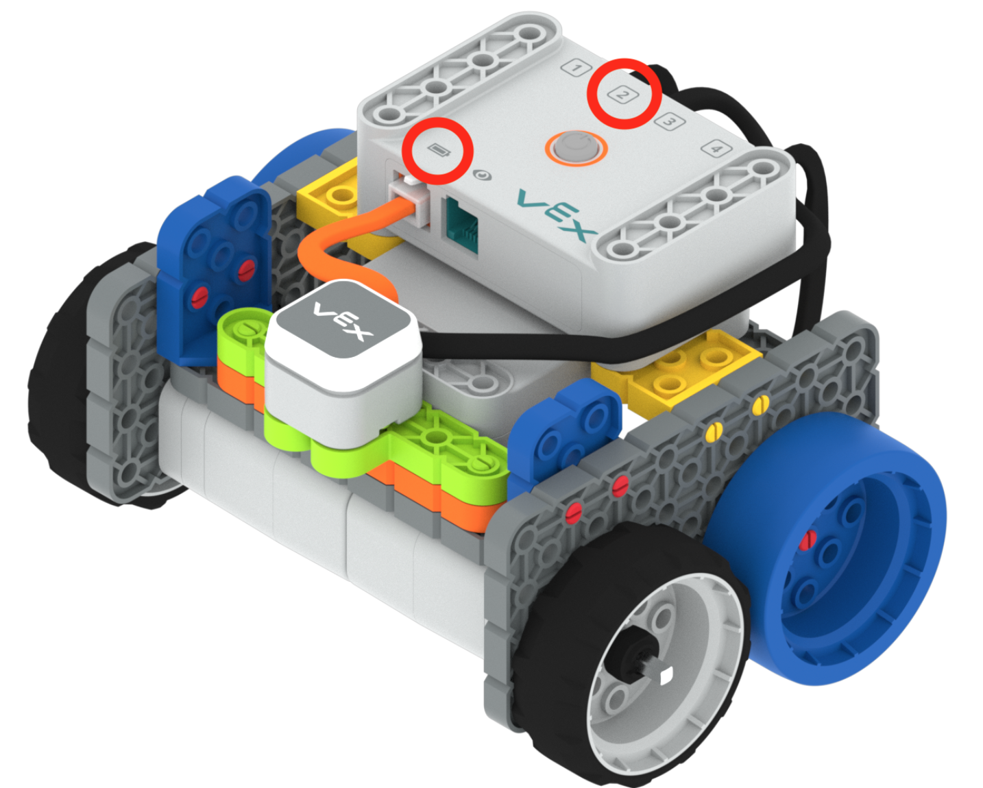 Diagram över en Code Base-robot med en enhetskabel från en LED-bumpare inkopplad till en Smart Port på Brain. Batterikabeln visas också ansluten till batteriporten på motsatt sida av hjärnan. De använda portarna är markerade med röda cirklar.