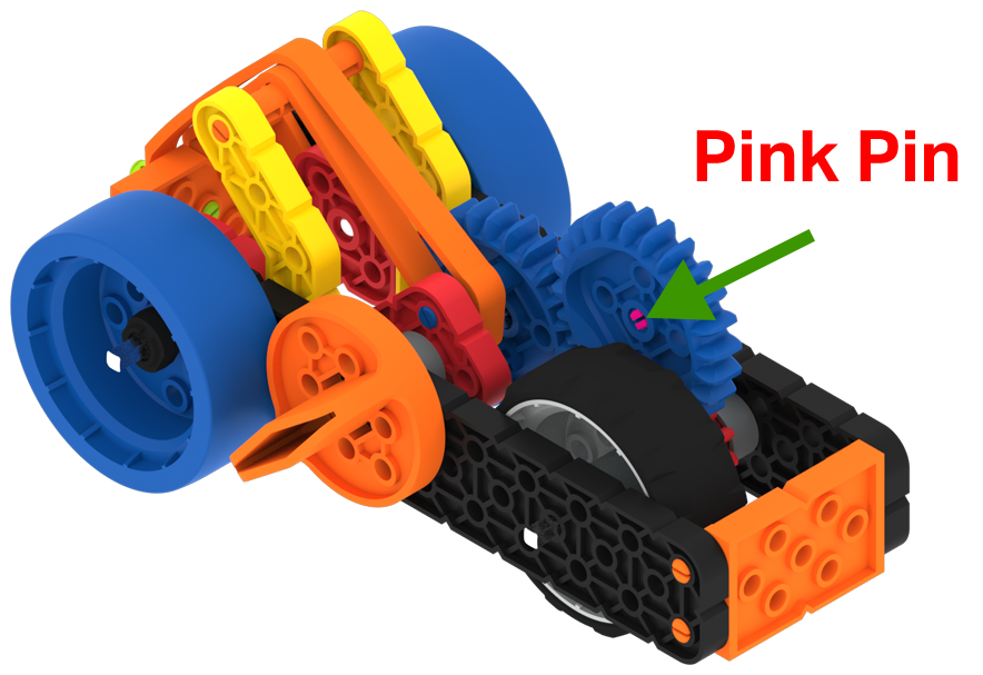 Diagram över en VEX GO Super Car-bygge med den rosa pinne-delen som säkrar en blå växel utropad med en pil.